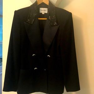 Tuxedo style Pant Suit. Sequined trim